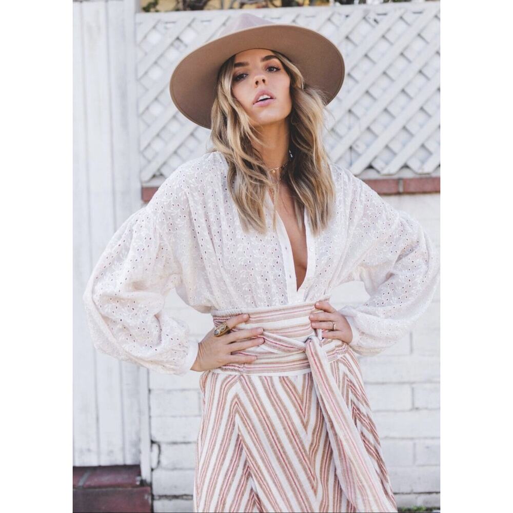 Free People Maddison Eyelet Cotton Blouse Ivory white Oversized Balloon XL - Picture 2 of 15